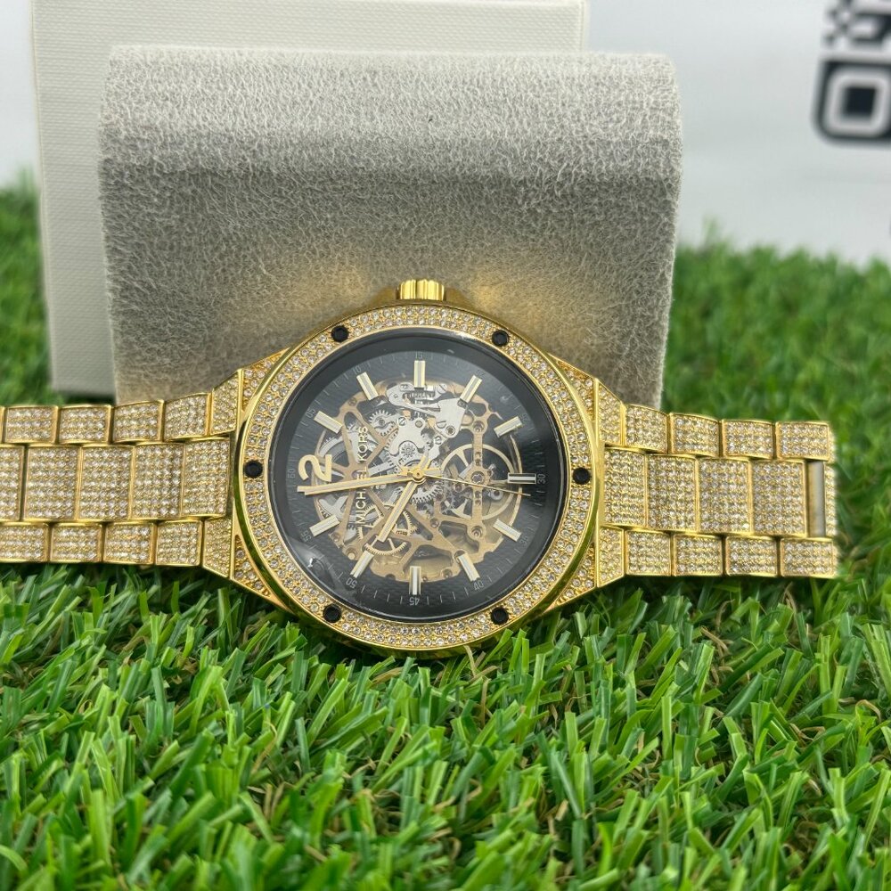 Pre-owned Lennox Pave Gold Black Automatic Skeleton Mens Watch Mk9151 - Picture 3 of 5